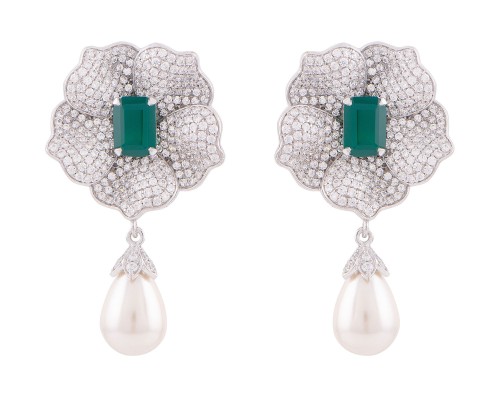 Emerald Floral Cocktail Earrings With Pearl Drops