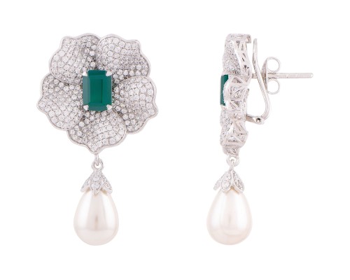 Emerald Floral Cocktail Earrings With Pearl Drops