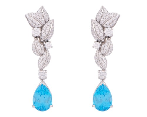 Foliage Long Earrings With Aquamarine Drops