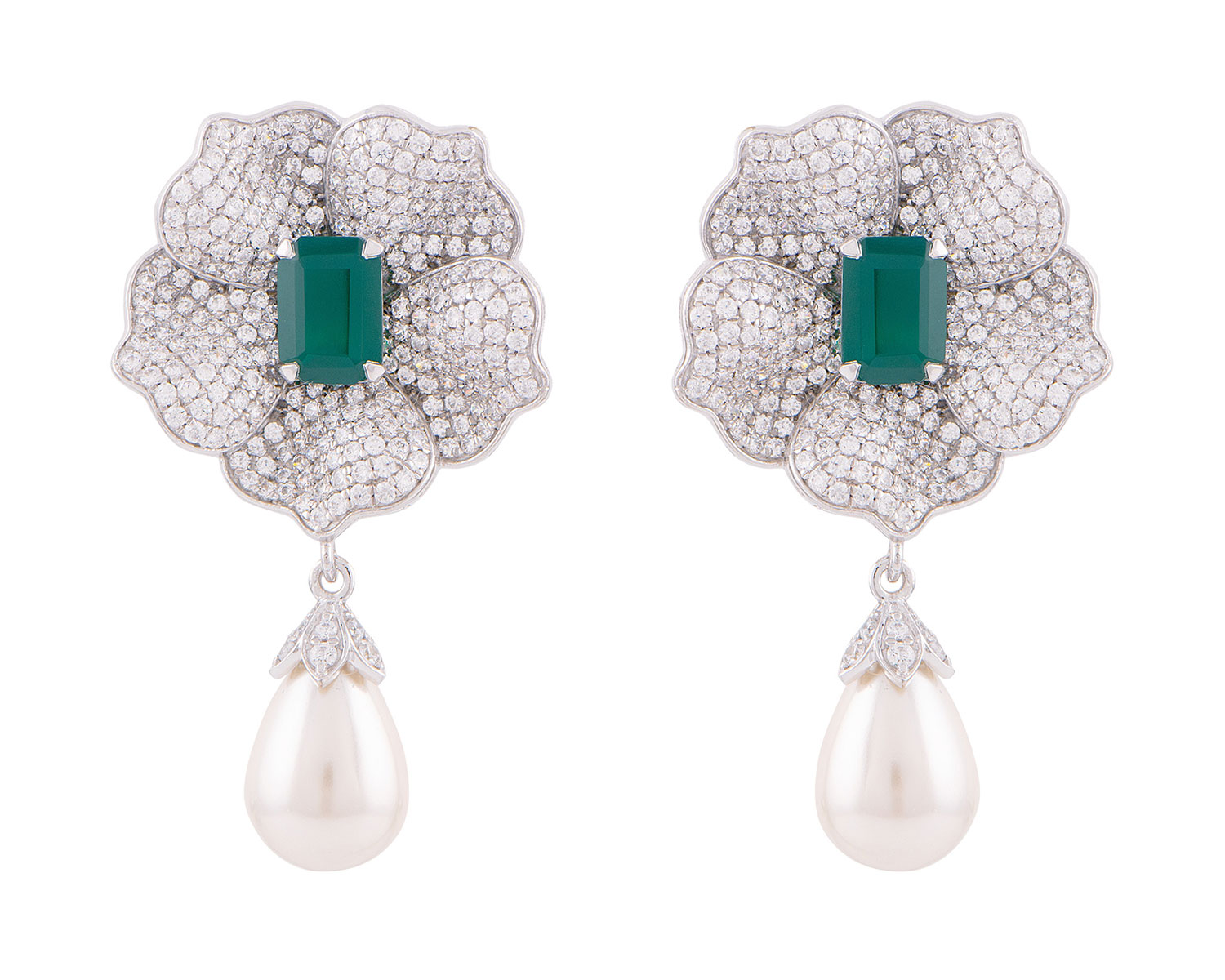 Emerald Floral Cocktail Earrings With Pearl Drops