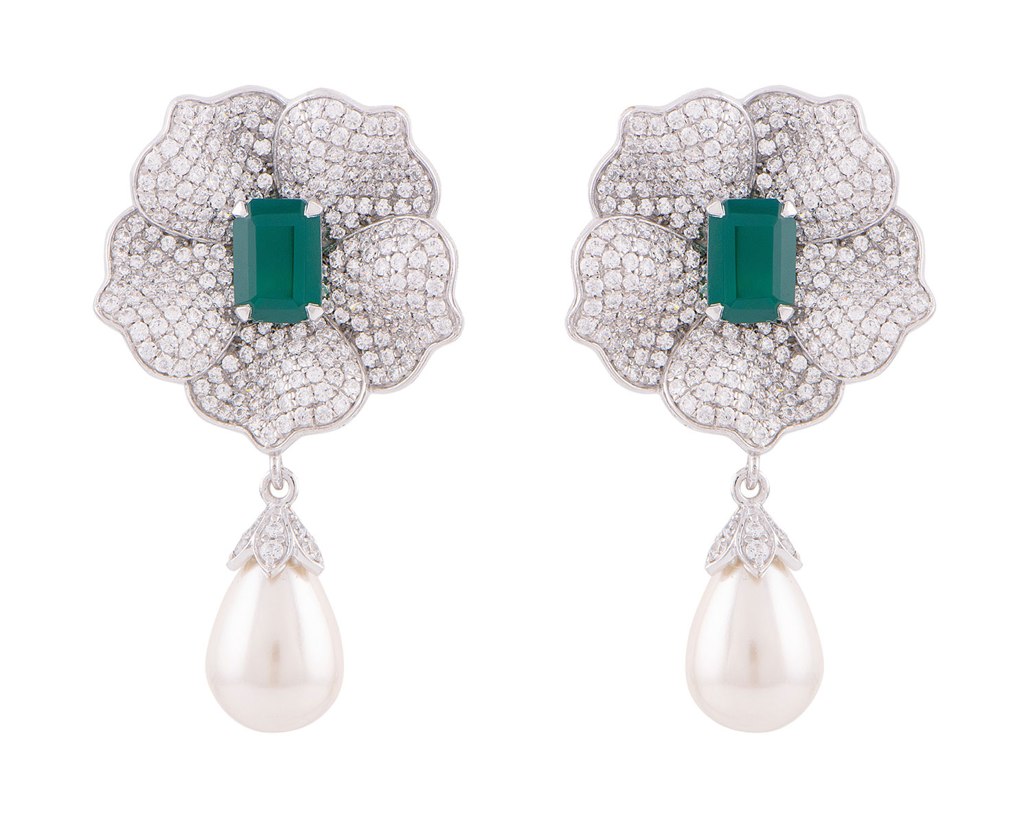 Emerald Floral Cocktail Earrings With Pearl Drops