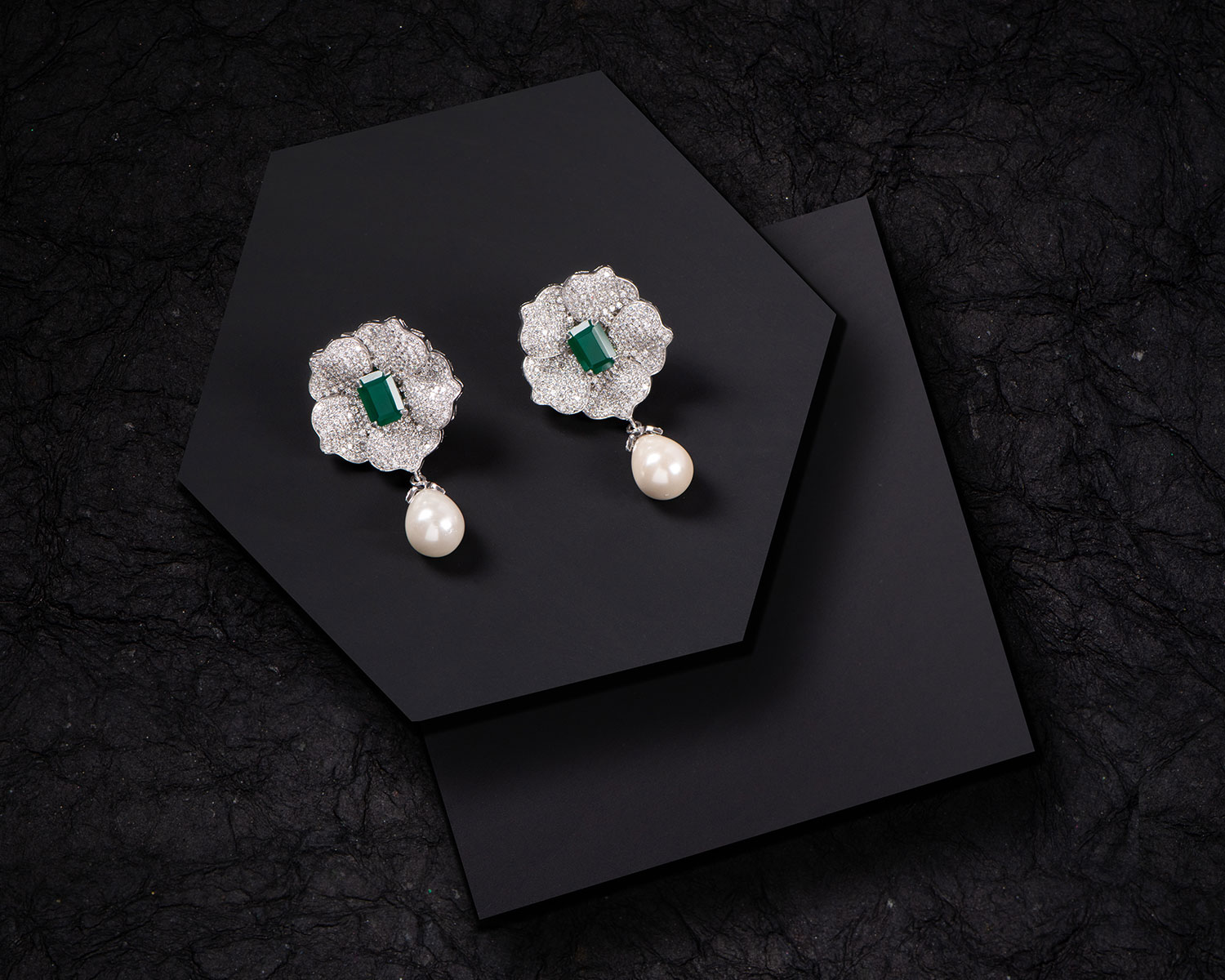 Emerald Floral Cocktail Earrings With Pearl Drops